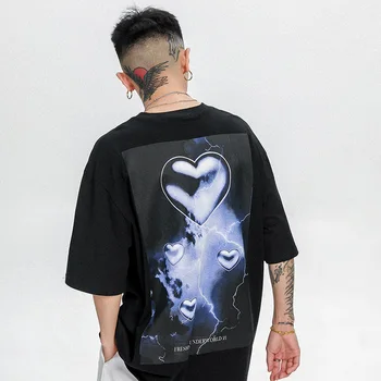 Negabaritinių Marškinėlius Vyrų Hip-Hop Streetwear Laišką Širdies Žaibo Print T Shirt Harajuku Medvilnės Prarasti Plius Dydis Vasaros Tee Marškinėliai