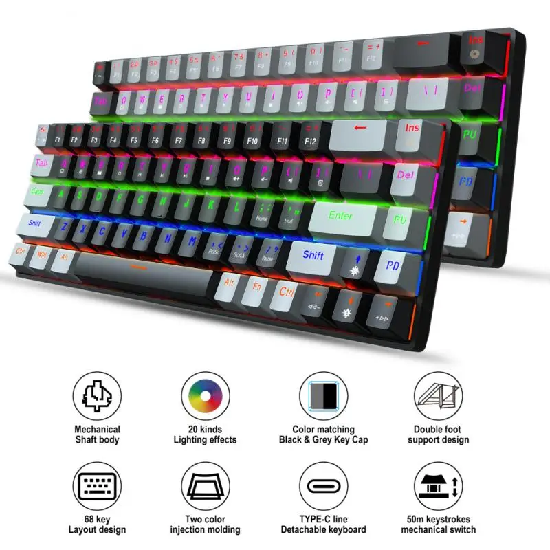V800 Mechaninė Klaviatūra Mėlyna Axis Red Ašis 68-mygtukas Dual-spalva RGB Kelis Backlit Gaming Keyboard Žalia/Raudona Ašis Nuotrauka 0