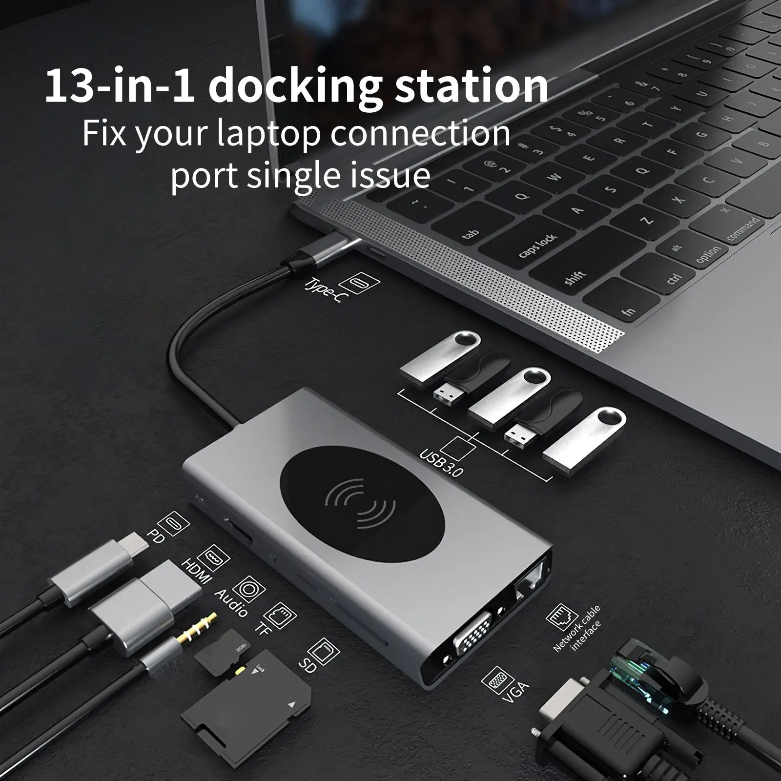 13 1 USB-C HUB Su RJ45 Belaidžio Įkrovimo SD Kortelių Skaitytuvas Tipas-C Plėtra Dock for Macbook Pro Nešiojamas Priedai Nuotrauka 0