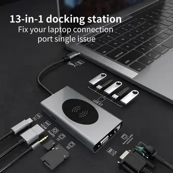 13 1 USB-C HUB Su RJ45 Belaidžio Įkrovimo SD Kortelių Skaitytuvas Tipas-C Plėtra Dock for Macbook Pro Nešiojamas Priedai