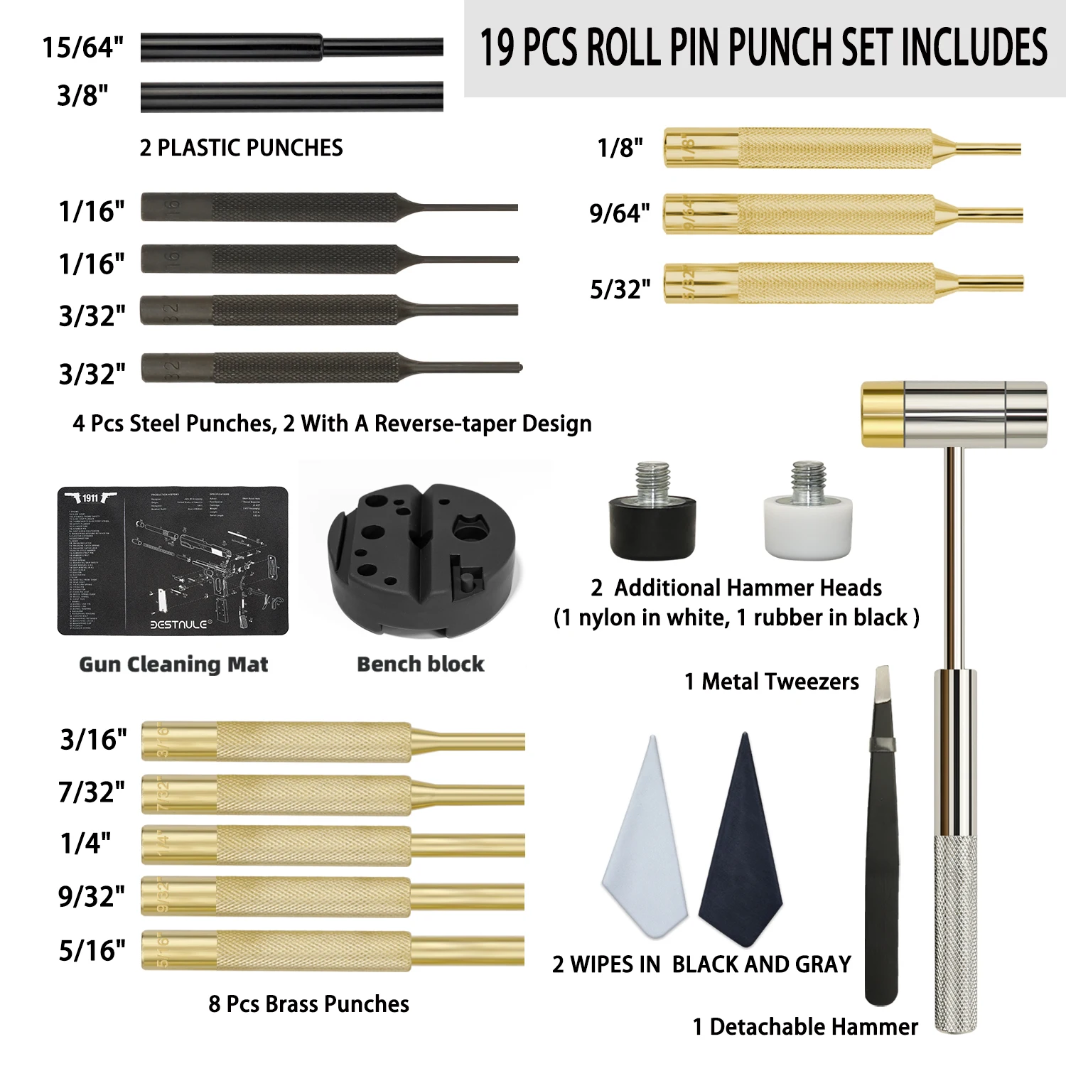 19 Vnt Roll Pin Punch Nustatyti Gunsmithing Punch Įrankiai Pagaminti iš vientisos Medžiagos, Įskaitant Stendo Blokas ir Ginklų Valymo Kilimėlis Nuotrauka 4