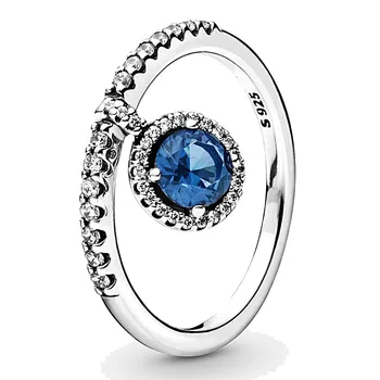 Autentiškas 925 Sterling Silver Pandora Žiedas Kabančios Mėlynas Apvalus Sparkle Žiedas Crystal Moterims, Papuošalai Gimtadienio Dovana