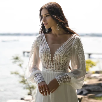 Elegantiškas Bohemijos-line Vestuvių Suknelė iki 2021 m. Nėriniais, Šifono Nuotakos Suknelė Valymo Traukinio V-kaklo Ilgio Sluoksniuotos Rankovėmis Beach Vestuvinės Suknelės 2021
