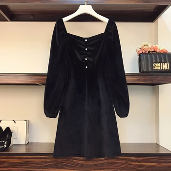 Mados elegantiškas šalis juoda suknelė 2021 m. rudenį naujų stiliaus atsitiktinis seksualus mygtuką retro vientisos spalvos linija suknelė moteris Vestidos medžiaga