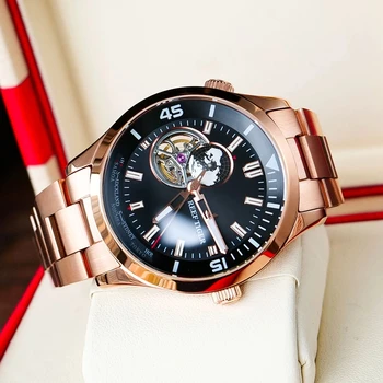 Rifas Tigras Vyrai Automatinis Laikrodžiai, Prabangūs Vyrų Mechaninis Skeleton Laikrodis atsparus Vandeniui Šviesos Plieno Dirželis Pasaulio Laikas RGA1693-2
