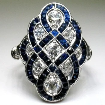 Spalvingas Antikvariniai Sidabro Spalvos Didelis Italia Stiliaus Papuošalai Retro Mėlynos ir Baltos Cirkonis Žiedai Moterims Osioms Šalies Papuošalai